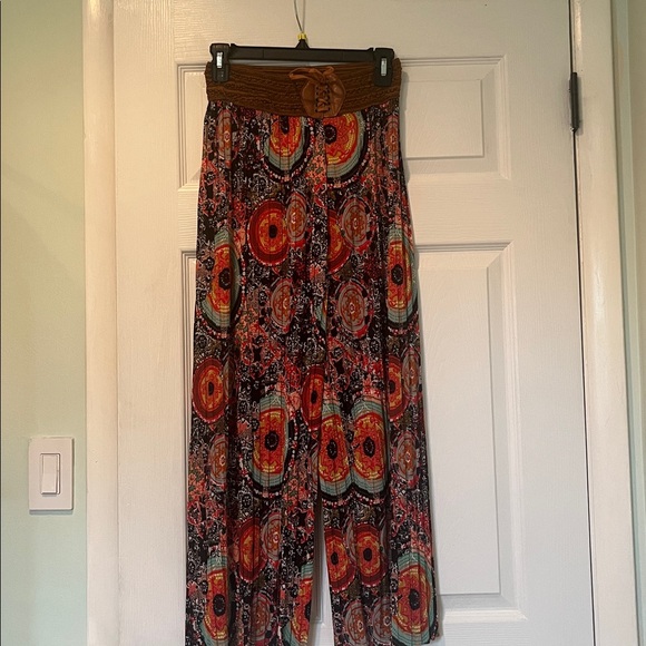Boho Multi-Color Printed Maxi Skirt with Brown Waist Tie - Picture 3 of 5